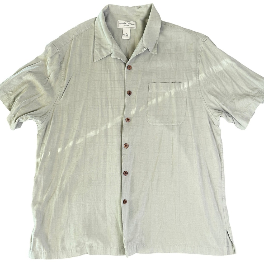 Paradise Collection by Cezani Mens XL Sage Green 100% Silk Camp Shirt Windowpane